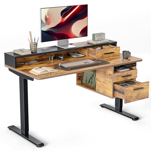 FEZIBO Whole-Piece Electric Standing Desk Adjustable Height with 3 Drawers, 48 x 24 inches Stand up Desk with Monitor Shelf, Sit Stand Rising Desk with Open Storage, Rustic Brown (2 Packages) - WoodArtSupply