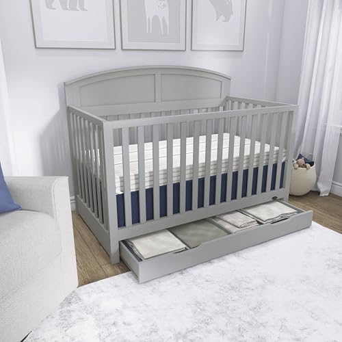 Dream On Me Storybrooke 5-in-1 Convertible Full-Size Crib with Under Drawer, Pebble Grey, GreenGuard Gold & BSA, Convert to Toddler, Day & Full-Size Bed, 3 Mattress Heights, Sustainable Pinewood