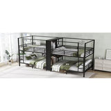 Queen Size Quadruple Metal Bunk Bed with Wardrobe & Storage Shelves, Quadruple Metal Bunk Bed Frame with Noise-Reduced Design (Black/Queen) MERITLINE