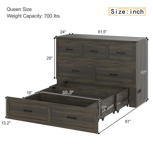 Ball & Cast Murphy Bed Queen Size Bed Frame with Charging Station,Murphy Bed Cabinet Foldable Platform Bed w/Large Storage Drawer,can be Folded,Slat Support,No Box Spring Needed,for Apartment,Gray Ball & Cast