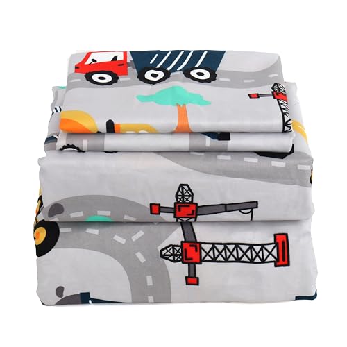 MK Collection Sheet Set Kids Teens Excavator Trucks Yellow Navy Blue Grey Red White Luxury Sheet Set New (Queen) MK Home