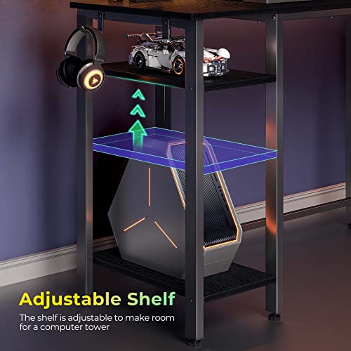 Rolanstar L Shaped Gaming Desk with LED Lights & Power Outlets, 46.2" Computer Desk with Full Monitor Stand & Storage Shelf, Corner Desk with Hooks, Black Desk Reversible Rolanstar