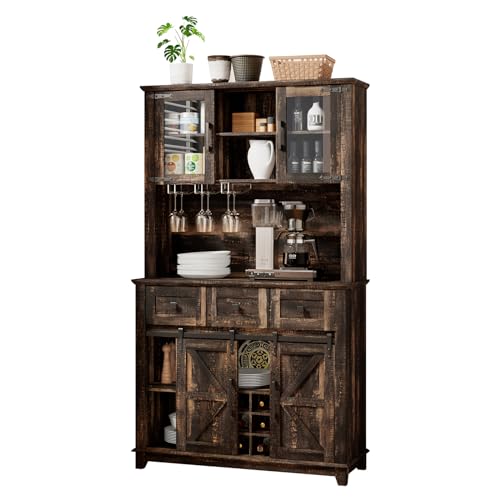 LUXOAK 72" Coffee Bar Wine Cabinet with Sliding Barn Door & LED Lights, Sideboard Buffet Cabinet with Wine Bottle Rack, 3 Drawers, Storage Cabinet for Kitchen, Dining Room, Dark Rustic Oak - WoodArtSupply