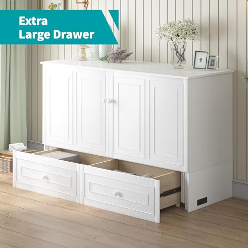 BALUS 63.4" W Queen Size Murphy Bed Cabinet with Tri-Folding Mattress and Storage Drawers, Modern Adults Chest Cube Cabinet Bed with Built-in USB Charging Station for Living Bedroom Apartment, White BALUS