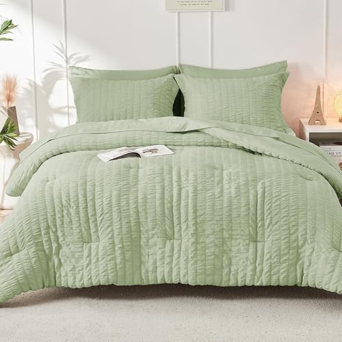 HYMOKEGE Light Green Queen Comforter Set Seersucker 7 Pieces, All Season Luxury Bed in a Bag for Bedroom, Bedding Set with Comforters, Sheets, Pillowcases & Shams HYMOKEGE