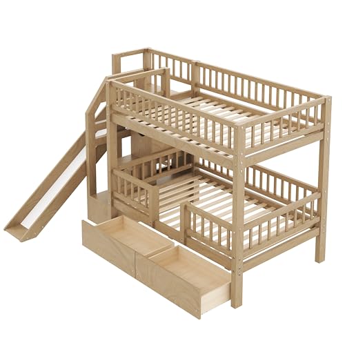 RUNNA Twin Over Twin Bunk Bed with Slide, Storage Drawers & Staircase, Solid Pine Wood Frame, No Box Spring Needed, Kids Bedroom Space-Saving Furniture (01-Walnut) RUNNA