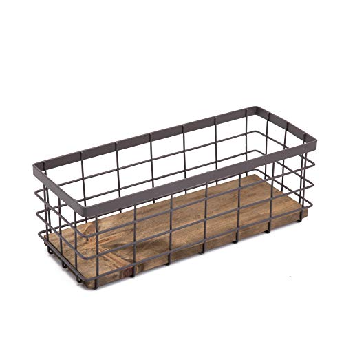 TIEYIPIN Small Metal Wire Storage Basket, Detachable Wood Base Storage Organizer Bin Basket for Kitchen Cabinets, Bathroom, Pantry, Garage, Laundry Room - Brown - WoodArtSupply