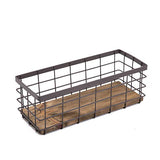 TIEYIPIN Small Metal Wire Storage Basket, Detachable Wood Base Storage Organizer Bin Basket for Kitchen Cabinets, Bathroom, Pantry, Garage, Laundry Room - Brown TIEYIPIN