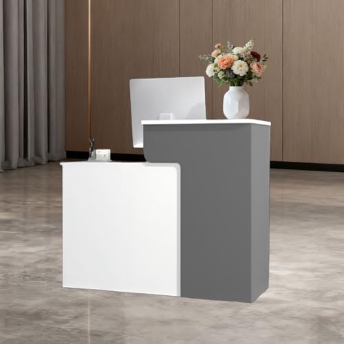 HPLWYM White Grey Reception Desk with Counter, Reception Table with Lockable Drawer, Front Desk Reception Room Table for Office Lobby Cafe Salon HPLWYM