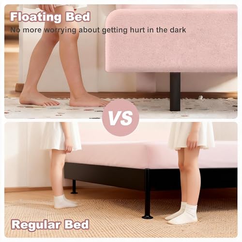 Lynxor Teddy Velvet Twin Size Bed Frame with LED Lights, Cookie Floating Platform Bed Frame, Adjustable Headboard and Elevated Footboard, Noise Free,Princess Room Upholstered Bed Frame, (Pink) Lynxor