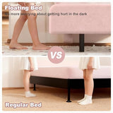 Lynxor Teddy Velvet Twin Size Bed Frame with LED Lights, Cookie Floating Platform Bed Frame, Adjustable Headboard and Elevated Footboard, Noise Free,Princess Room Upholstered Bed Frame, (Pink) Lynxor