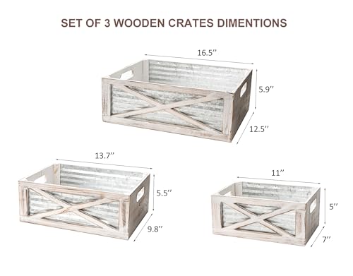 Set of 3 Nesting Wooden Crates, Rustic Wooden Storage Container Boxes with Cutout Handles, Decorative Farmhouse Wood Baskets for Display, Barn Door (Whitewash)