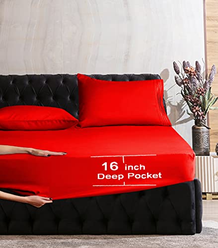 Mocassi Queen Sheet Set - Luxury Hotel 1800 Premier Bedding Sheets & Pillowcases - Ultra Soft Breathable & Cooling Bed Sheets - Deep Pocket - Wrinkle Resistant - 6 Piece Set - Queen, Red Mocassi