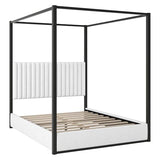 RuiSiSi Queen Size Canopy Bed with Upholstered Headboard, Metal 4-Poster Canopy Bed, Low Profile Platform Bed Frame for Teens, Adults, No Box Spring Needed, Black