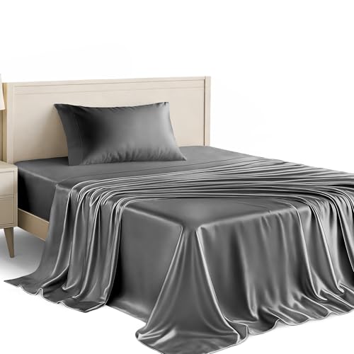 Lux Décor 3-Piece Twin Satin Sheet Set– Luxury Silky Soft 100% Polyester Woven Fabric, Deep Pocket Fitted Sheet – Smooth & Breathable Bedding with Pillowcase (Dark Grey) LDC LUX DECOR COLLECTION