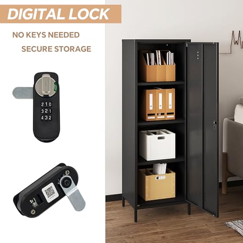 MIOCASA Metal Storage Locker with Digital Lock Steel File Cabinet with 3 Shelves 59.06-inch high for School, Bedroom, Home Office, Gym and Changing Room (Black) MIOCASA