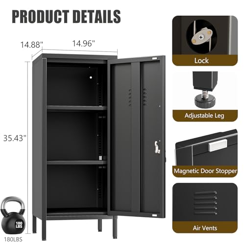 Black Metal Locker Cabinet, 35.4" H Home Office Storage Lockers, Vertical Steel Storage Cabinet with Locking Door and 2 Adjustable Shelves, Garage Tool File Cabinets for Home Office,Garage,Bathroom risuoge
