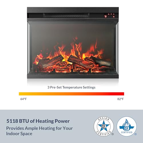 BELLEZE 23" Electric Fireplace with Realistic Crackling Sound, 3-Side Glass Display Fireplace Heater, Adjustable Timer & LED Flame Lights, Freestanding Indoor Fireplace for Bedroom, Living Room BELLEZE
