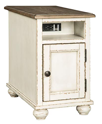 Signature Design by Ashley Realyn French Country Chair Side End Table with Outlets & USB Ports, Cream Antique White - WoodArtSupply