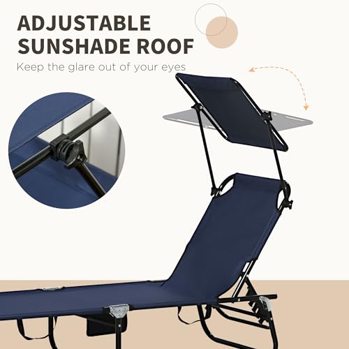 Outsunny Folding Chaise Lounge Pool Lounge Chairs Set of 2, Outdoor Sun Tanning Chairs with Canopy Shade, Reclining Back, Steel Frame and Side Pocket for Beach, Yard, Patio, Dark Blue