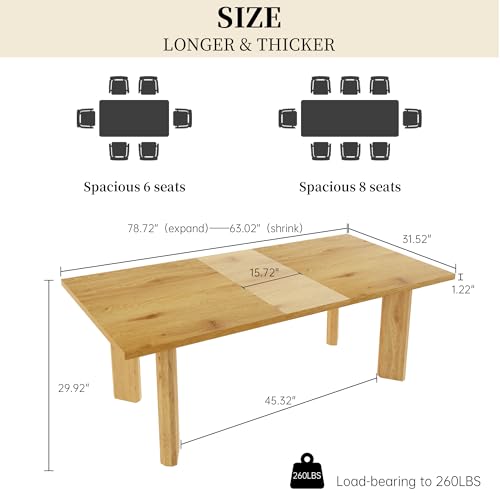 HIPIHOM Extendable Dining Table for 6-8 People, 63 to 78.7 Inch Rectangular MDF Table, Farmhouse Rustic Style, Space-Saving Design for Dining Room, Kitchen, Meeting HIPIHOM