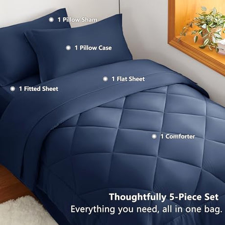 CozyLux Twin Comforter Set with Sheets Navy Blue - 5 Pieces Bed in a Bag Twin, All Season Bed Set for Girls and Boys, Bedding Set with Down Alternative Comforter, Sheets, Pillowcase & Sham CozyLux