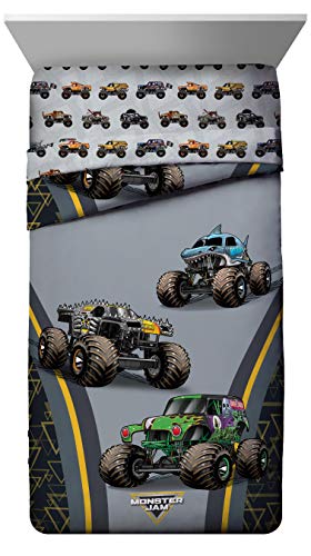 Jay franco Monster Jam MJ Life 4 Piece Twin Bed Set-Includes Reversible Comforter&Sheet Set-Bedding Features Grave Digger, Max-D, Megalodon-Super Soft Microfiber-(Official Monster Jam Product) Jay Franco