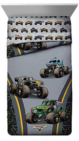 Jay franco Monster Jam MJ Life 4 Piece Twin Bed Set-Includes Reversible Comforter&Sheet Set-Bedding Features Grave Digger, Max-D, Megalodon-Super Soft Microfiber-(Official Monster Jam Product) Jay Franco