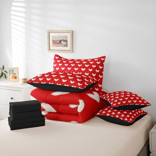 Erosebridal Red White 7 Pcs Comforter Set Twin Cute Heart Pattern Bed in a Bag for Kids Boys Girls Valentine Day Quilt Cartoon Love Geometric Sheet Set Love Heart Soft Warm Bedding Set Bedroom Decor Erosebridal