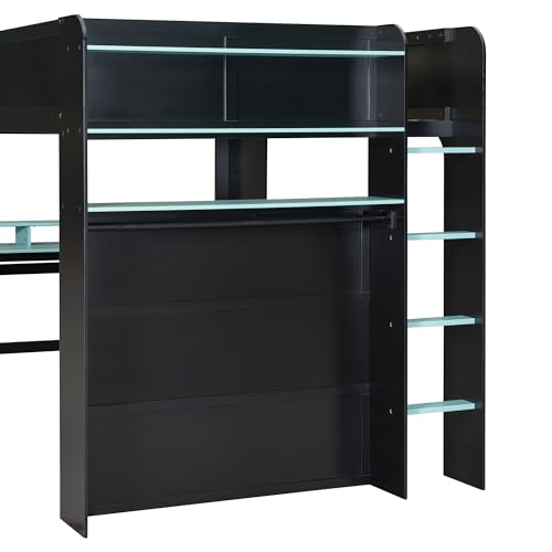 Bellemave Full Loft Bed with Height-Adjustable Desk,Wardrobe,Ample Storage Space,and RGB Light, Gaming loft Bed with Desk, Black+Blue Bellemave