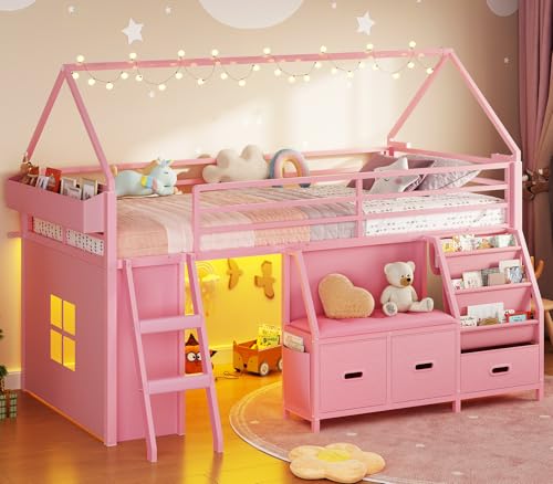 ADORNEVE Low Loft Bed Twin Size with Bookshelf, Reading Nook, LED Kids Loft Bed with 3 Drawers, Under-Bed Play Space, House Loft Beds with Safety Guardrail, Inclined Ladde & Play Curtain, Pink ADORNEVE