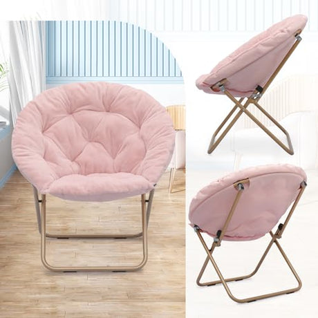 Athena Collection Comfy Saucer Chair Folding Cozy Chair for Bed Room Living Room Accent Chair Faux Fur Reading Chair Foldable Metal Frame Lazy Chair Moon Chair for Adult, Pink Athena Collection