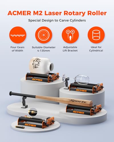 ACMER M2 Laser Rotary Roller, Laser Engraver Y-axis Rotary 360° Roller with 4-138mm Engraving Space for Engraving Cylindrical Objects, Ring, Suitable for ACMER P1, P2 and Most Laser Engraver ACMER