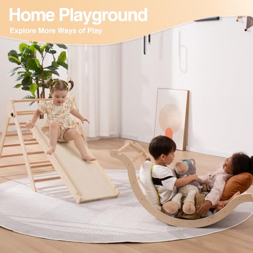 Giant bean Large Foldable Pikler Triangle Set with Sliding Ramp & Climbing Arch Ramp, 5-in-1 Wooden Toddler Climbing Toys Indoor,Playground Jungle Gym for Kids Age 3-6, Montessori Climbing Set Giant bean