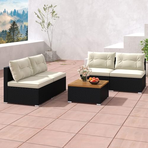 Tangkula 5 Piece Rattan Sofa Set, Patiojoy Outdoor Wicker Furniture Set with Seat & Back Cushions, Square Coffee Table, Patio Sectional Sofa Set for Backyard, Poolside, Garden - WoodArtSupply