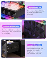 Dystler Night Stand with Charging Station and RGB Lights, LED Nightstand with Tempered Glass and Sliding Top, 3 Drawers Bedside Table with Hidden Storage, Lockable End Side Table for Bedroom, Black Dystler