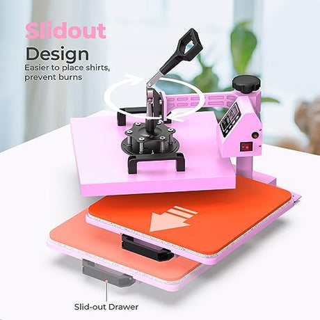 Pro 15x15 Heat Press with 30 OZ Tumbler Attachment, 8in1 Combo Tumbler Heat Press for T-Shirts, Tumblers Glass Cans Mugs Hats, and Plates (Pink) EnjoyColor