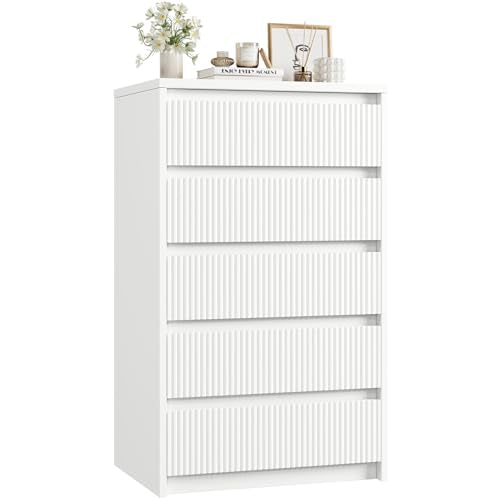Jocoevol White Dresser 5 Drawer Dresser for Bedroom, Modern Fluted Dresser with Deep Drawers and Mirror, Wooden Dresser Chest of Drawers for Living Room, Hallway, Entryway Jocoevol
