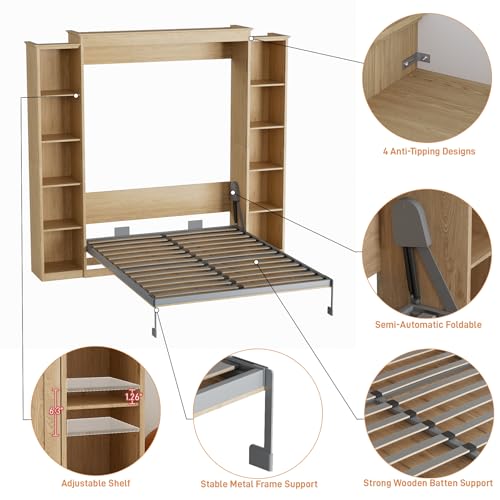 Rophefx Queen Murphy Bed Cabinet with 5-Tier Adjustable Storage Shelves, Wood Queen Wall Bed Cabinet Bed, Space Saving Beds, Hidden Bedframe, Foldable Platform Beds for Guest Room, Natural Wood Color Rophefx