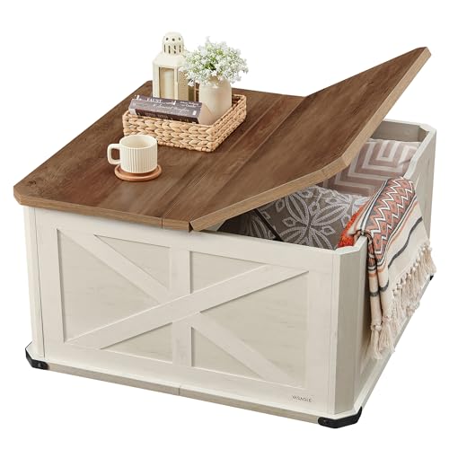 VASAGLE Farmhouse Coffee Table with Storage, Square Coffee Table for Living Room, Center Table with Flip-Top Lids, Honey Brown and Rustic White ULCT232W73 VASAGLE