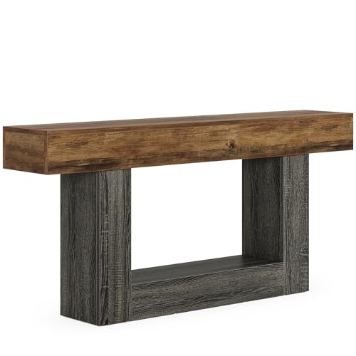 Tribesigns 63" Console Table, Farmhouse 2-Tier Entryway Table with U-Shaped Base, Narrow Long Wood Sofa Table Behind Couch Table for Living Room, Hallway, Foyer, Vintage Brown & Gray Tribesigns