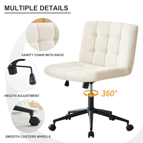 Furnimart Swivel Criss Cross Legged Chair with Wheels for Home Office, Wide Armless Desk Chair Height Adjustable Comfy Seat for Desk,Vanity, Bedroom, Faux Fur White Furnimart