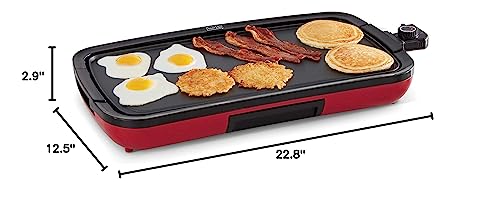 DASH Deluxe Everyday Electric Griddle with Dishwasher Safe Removable Nonstick Cooking Plate for Pancakes, Burgers, Eggs and more, Includes Drip Tray + Recipe Book, 20” x 10.5”, 1500-Watt - Red DASH