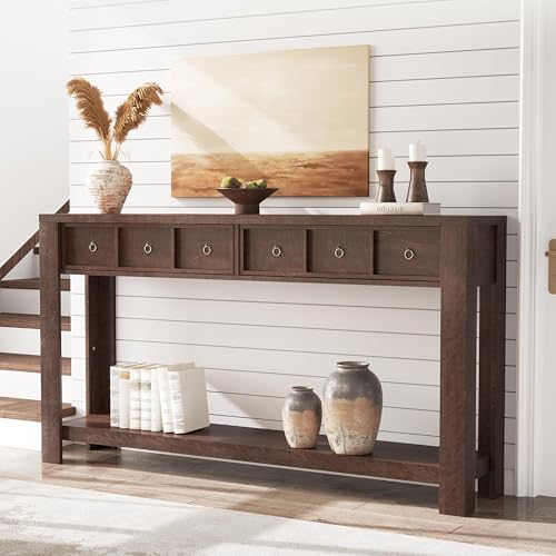 IDEALHOUSE 54inch Rustic Wooden Entryway Table with 2 Drawers & Open Shelf – Farmhouse Console Sofa Table for Hallway, Foyer & Living Room, Brown IDEALHOUSE