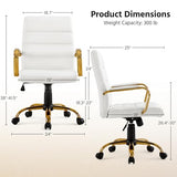 Yaheetech Mid-Back Office Chair PU Leather Desk Chair Adjustable Executive Task Chair w/Lumber Support Gold Leg White Seat Yaheetech