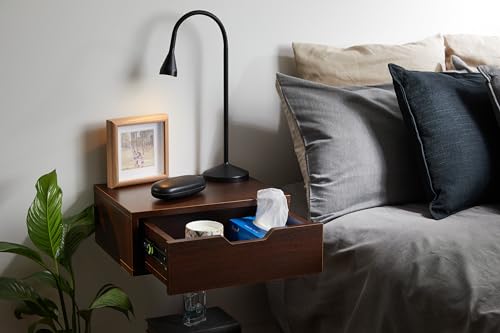 EOJO Floating Shelf with Drawer - Floating Nightstand with Drawer Wall Mounted Nightstand - Floating Bedside Table - Wall Mount Bedside Table - Walnut Bedside Table - Dark Walnut Brown - WoodArtSupply