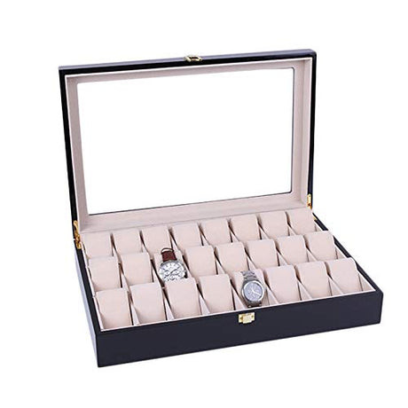 Fosinz 24 Slots Wooden Case Watch Display Box for Men Women Glass Top Collection Box Jewelry Storage Organizer Holder Storage Gifts (16.7" x 11.42" x 3.15", Black) Fosinz