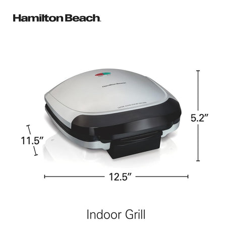 Hamilton Beach Electric Indoor Grill, 6-Serving, Large 90 sq. in. Nonstick Easy Clean Plates, Floating Hinge for Thicker Foods, 1200 Watts, 6.38"D x 12.68"W x 13.78"H , Silver (25371) Hamilton Beach
