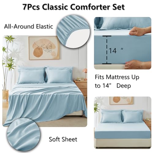CozyLux King Size Comforter Set Light Blue - 7 Pieces Bed in a Bag King, Luxury Soft Bed Set for All Seasons, Bedding Set with Down Alternative Comforter, Sheets, Pillowcases & Shams CozyLux
