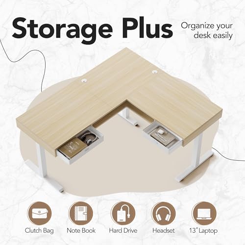 HUANUO U-Shaped Electric Standing Desk with Storage Drawers, Adjustable Height Ergonomic Gaming Desk, Large Sit Stand Up Desk with Power Strip Tray & Cable Grommets for Home Office, Light Walnut HUANUO